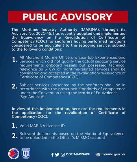 MARINA implements Equivalency on revalidation of COC.